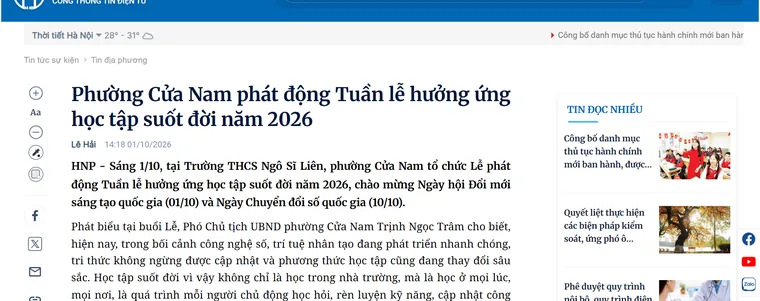 Ảnh chụp bài trên Cổng thông tin điện tử Thành phố Hà Nội về Lễ phát động