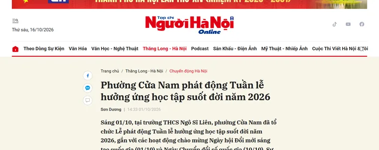 Ảnh chụp bài trên Tạp chí Người Hà Nội về Lễ phát động Tuần lễ hưởng ứng học tập suốt đời