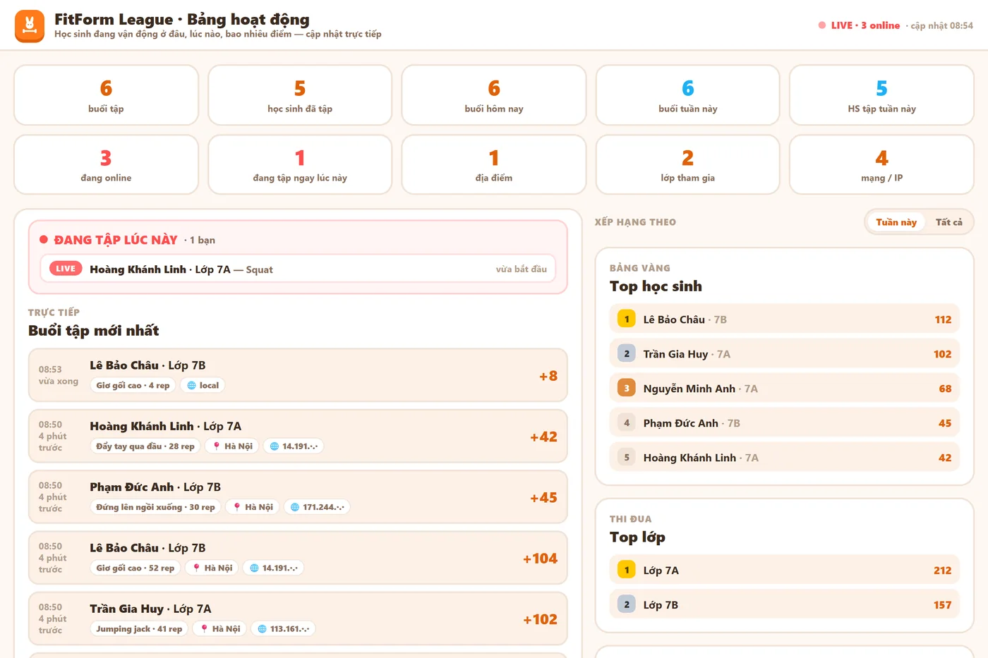 Bảng hoạt động công khai: số buổi tập, học sinh đã tập, đang online, đang tập lúc này, buổi tập mới nhất, top học sinh và top lớp