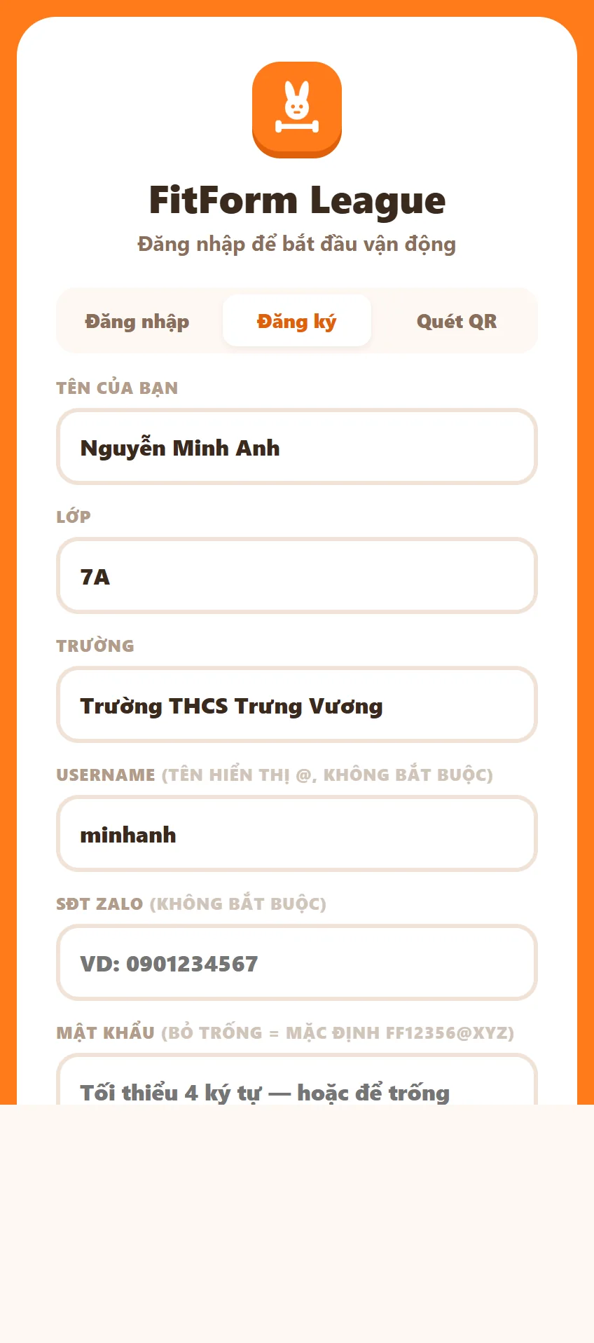 Ô Đăng ký với các trường Tên, Lớp, Trường, Username, SĐT Zalo, Mật khẩu