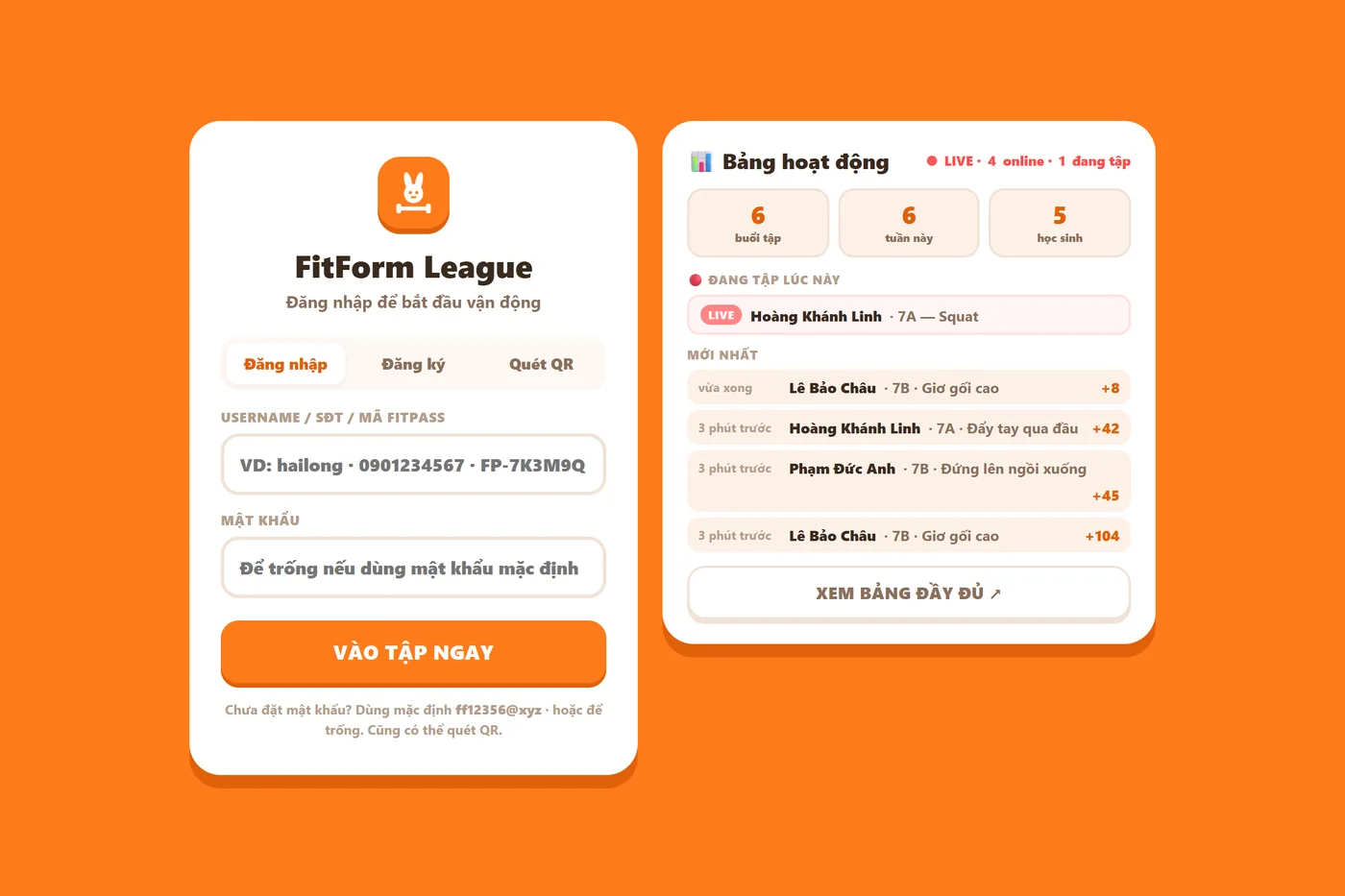 Màn hình đầu tiên của FitForm: thẻ đăng nhập bên trái, bảng hoạt động trực tiếp của trường bên phải