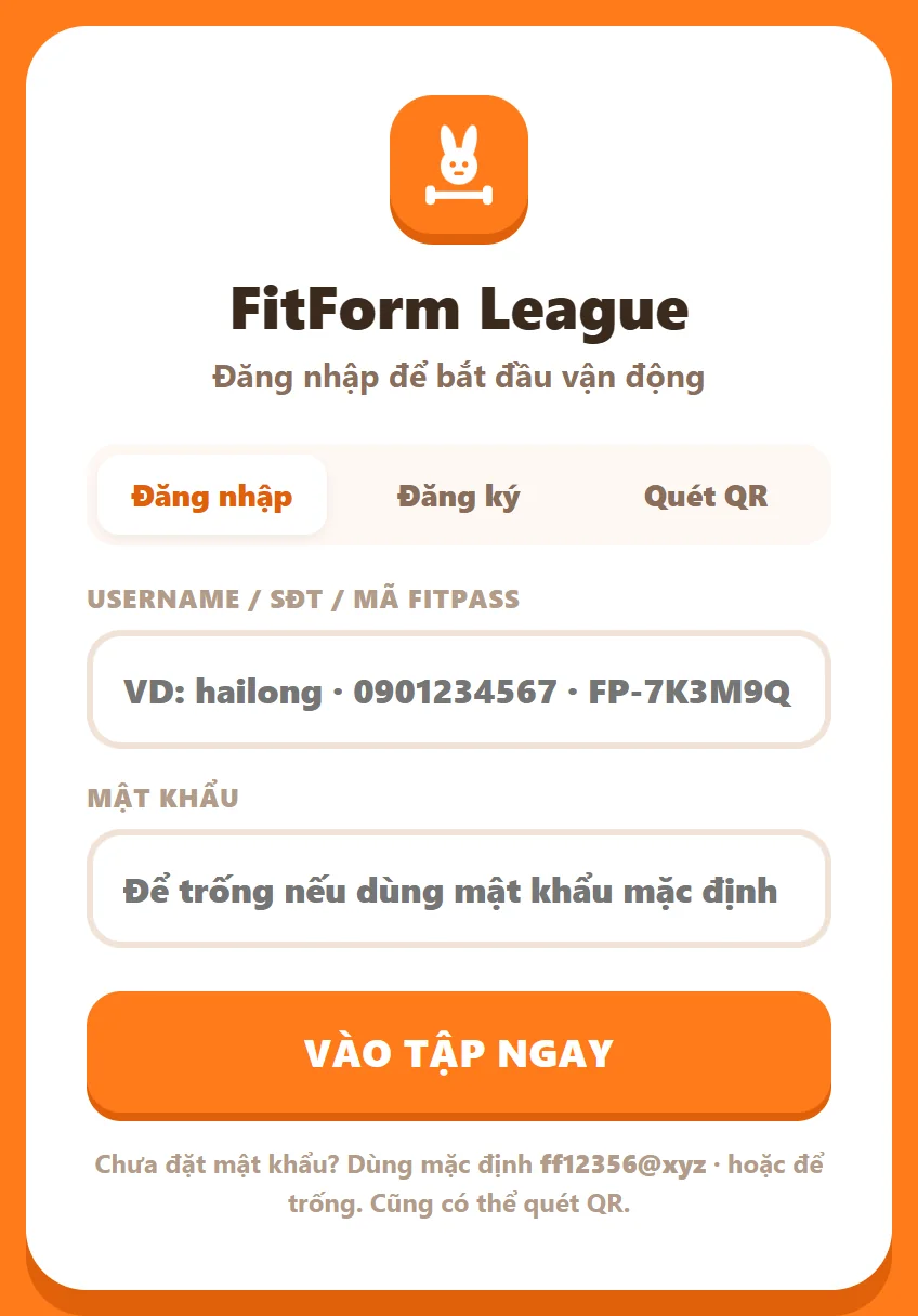 Thẻ đăng nhập với ô Username/SĐT/Mã FitPass, ô Mật khẩu và nút Vào tập ngay
