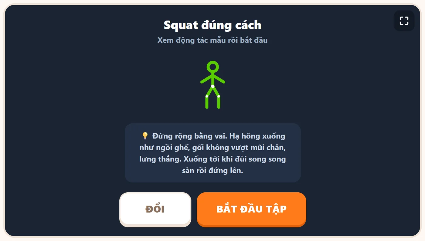 Bảng hướng dẫn Squat đúng cách với hình người mẫu và nút Bắt đầu tập