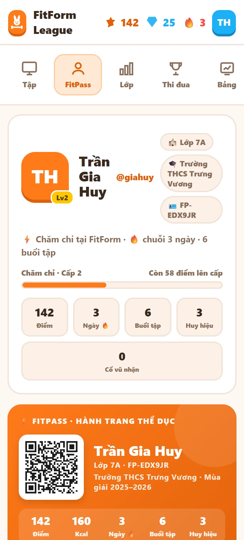 Trang FitPass trên điện thoại với hồ sơ, cấp độ và chỉ số