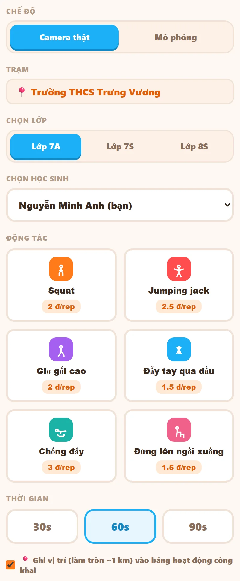 Cột lựa chọn: Chế độ, Trạm, Chọn lớp 7A, Chọn học sinh Nguyễn Minh Anh (bạn), 6 động tác kèm điểm, thời gian 30/60/90 giây